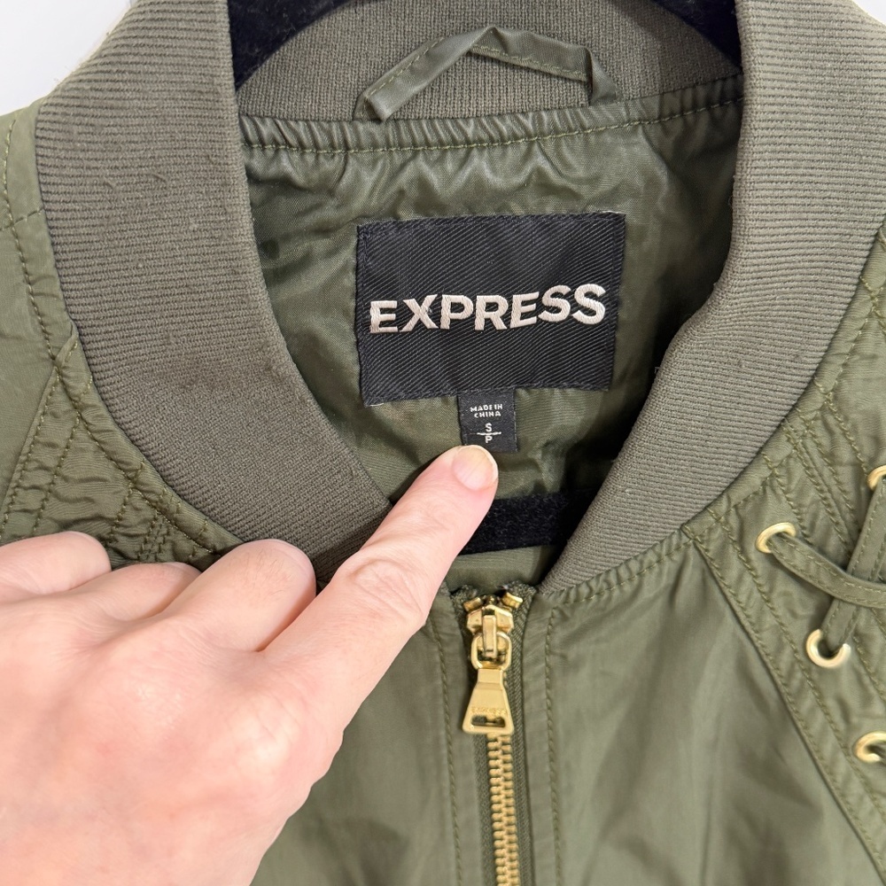 Express Olive Green Lace Up Bomber Jacket Size Small Utility Chic - Picture 7 of 8